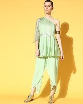 one-shoulder tunic with dhoti pants & belt