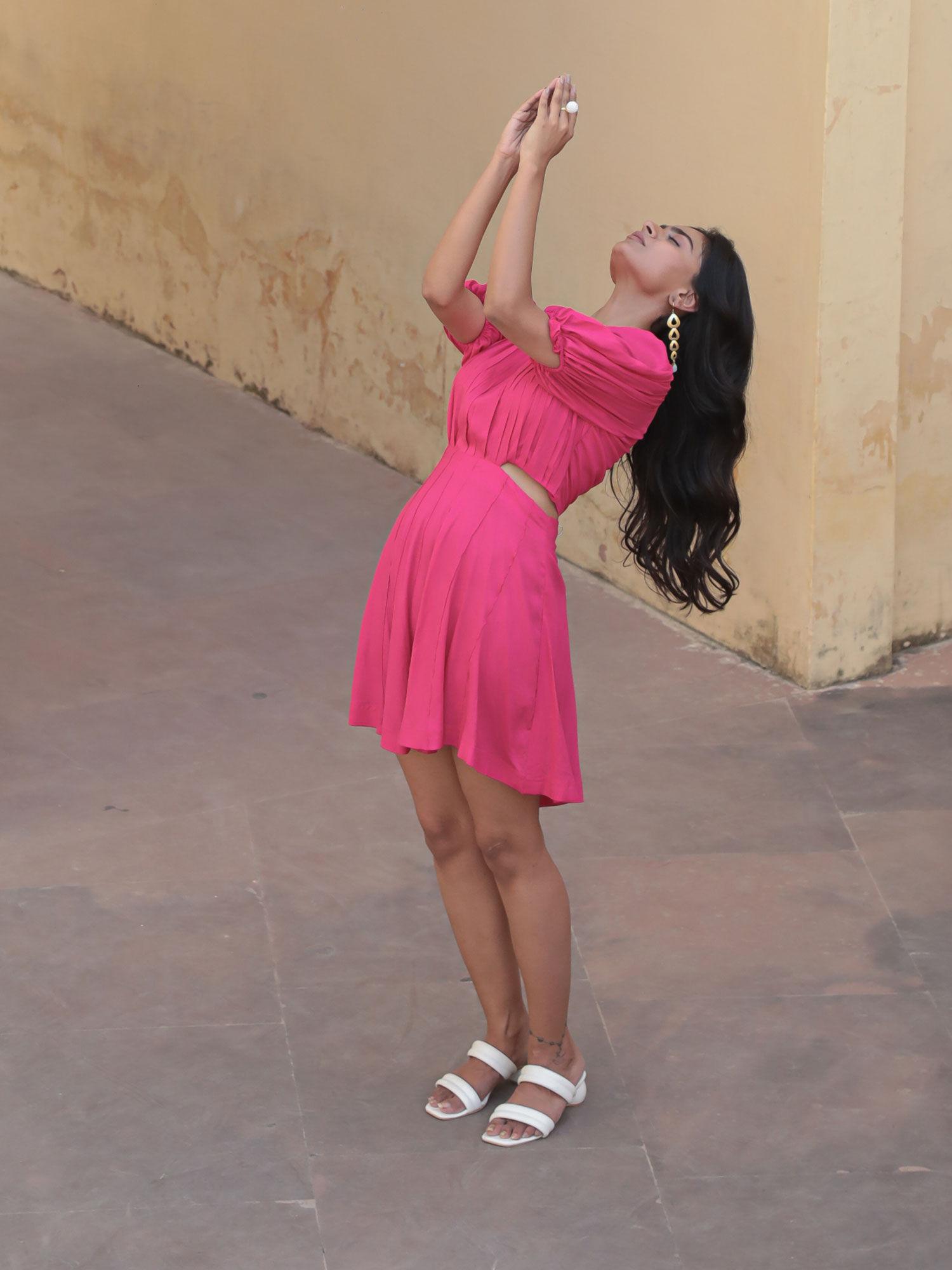 one side waist cut out hot pink dress