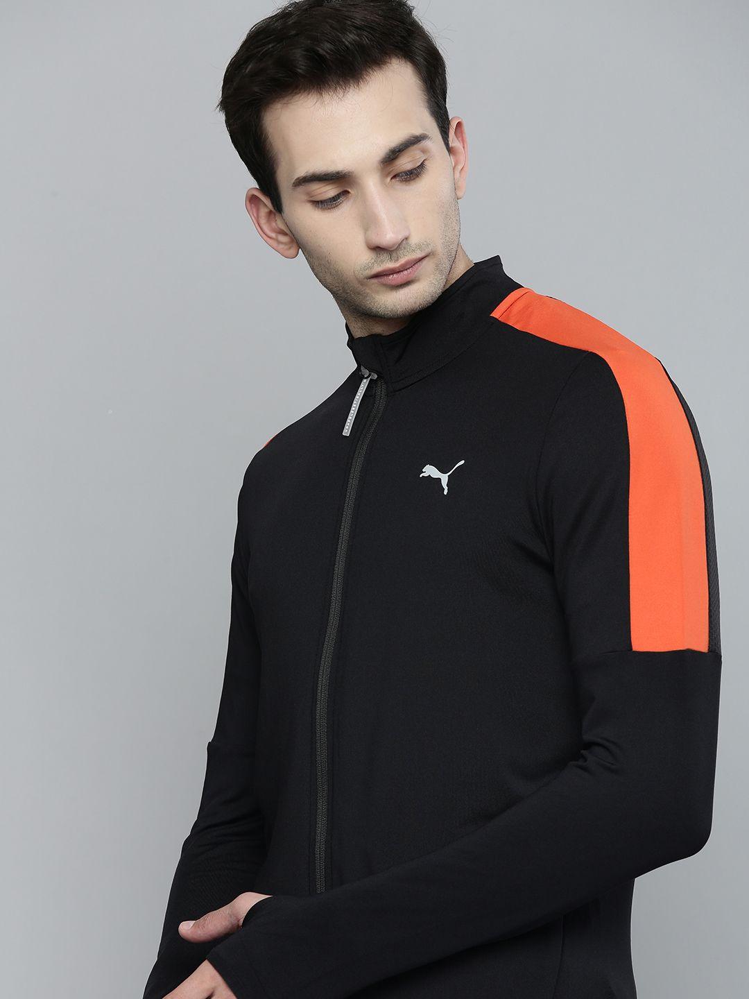 one8 x puma men black & orange colourblocked virat kohli sporty track jacket