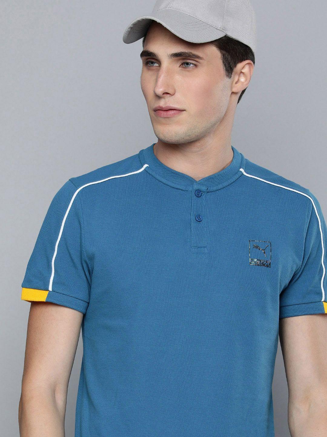 one8 x puma men blue brand logo printed pure cotton polo collar slim fit t-shirt