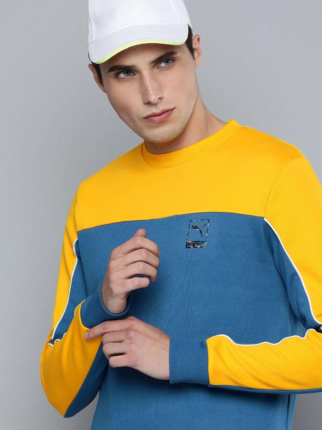 one8 x puma men blue colourblocked crew sweatshirt