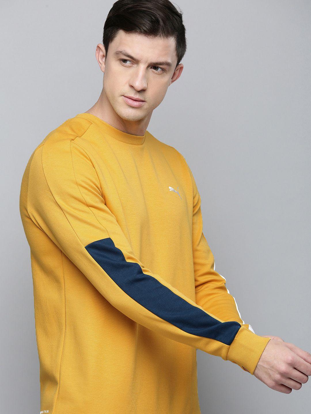 one8 x puma men mustard yellow solid pullover sweatshirt with contrast detail