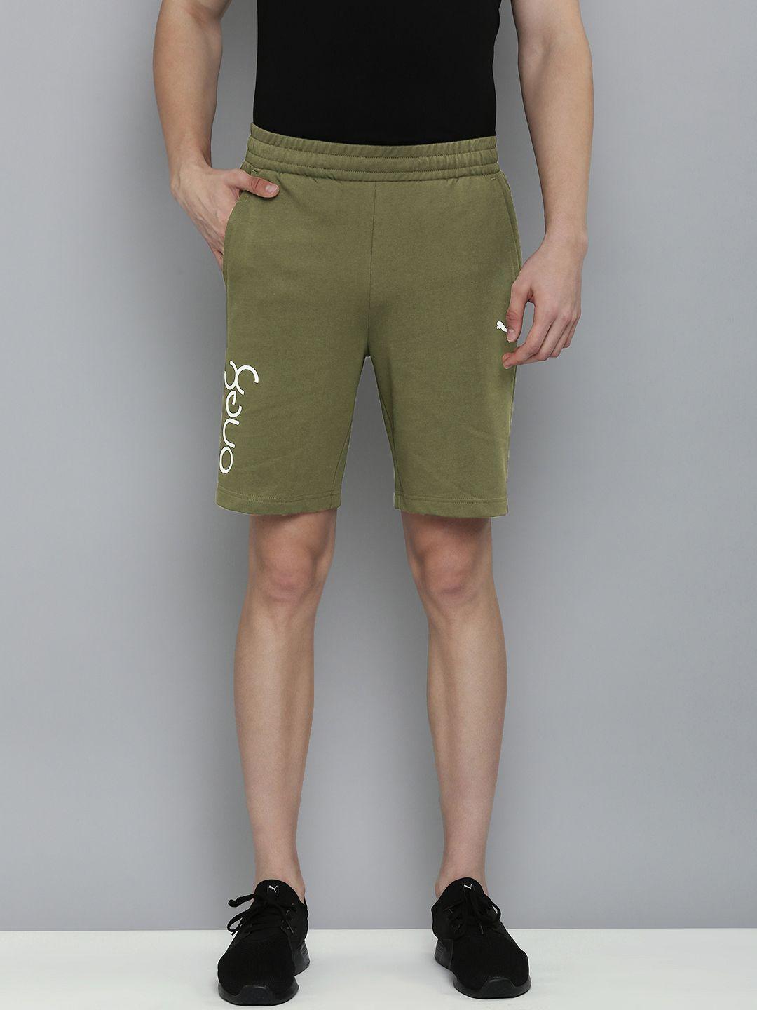 one8 x puma men olive green brand logo printed slim fit sports shorts