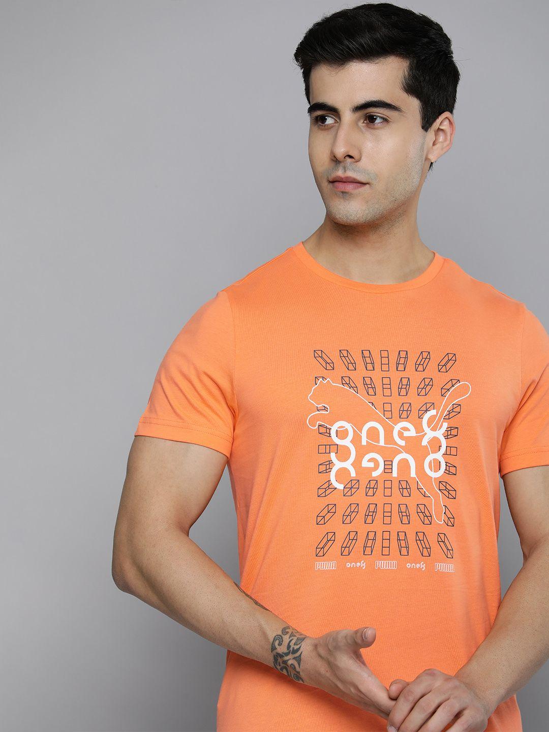 one8 x puma men orange brand logo printed pure cotton t-shirt