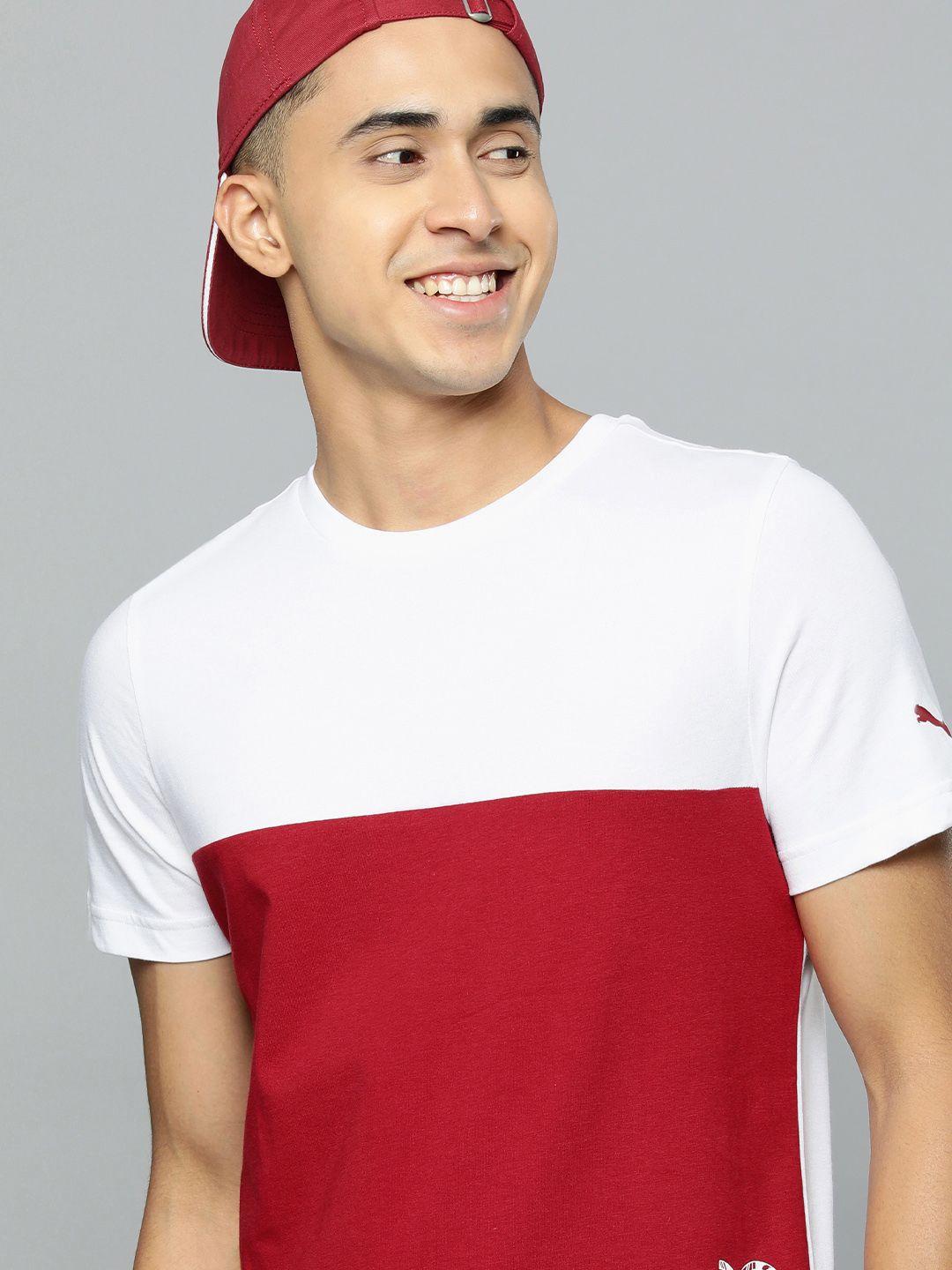one8 x puma men white & red colourblocked pure cotton slim fit t-shirt