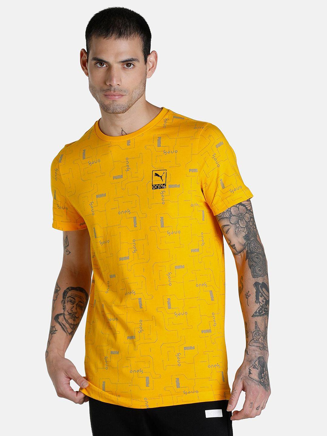 one8 x puma virat kohli men's aop yellow & grey brand logo printed slim fit t-shirt
