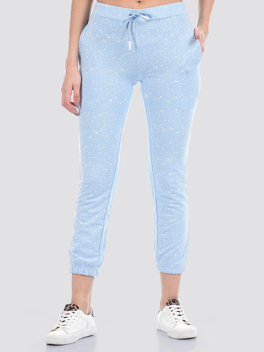 oneway women blue printed slim fit pure cotton joggers