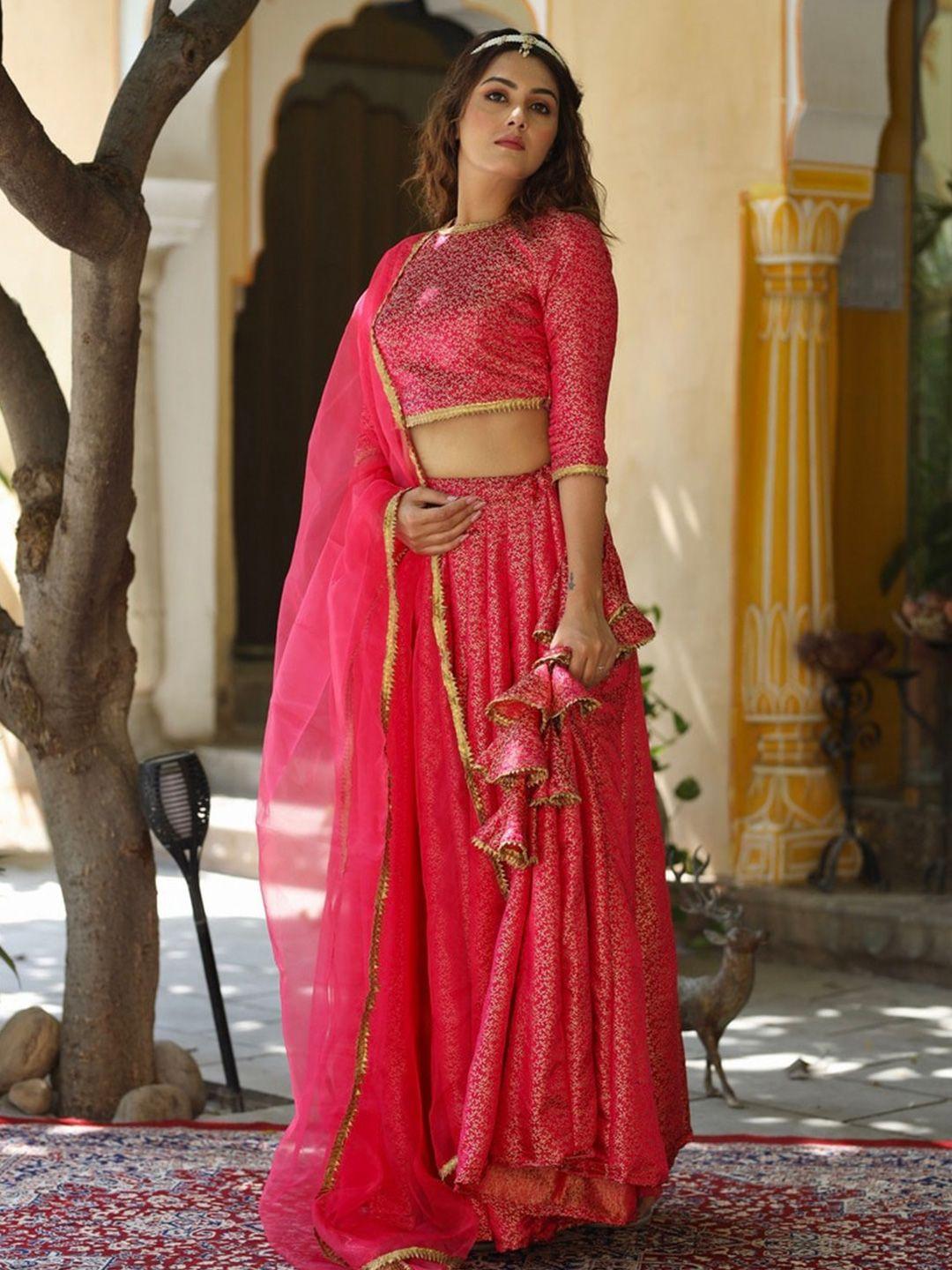 onewe red & gold-toned ready to wear lehenga & blouse with dupatta