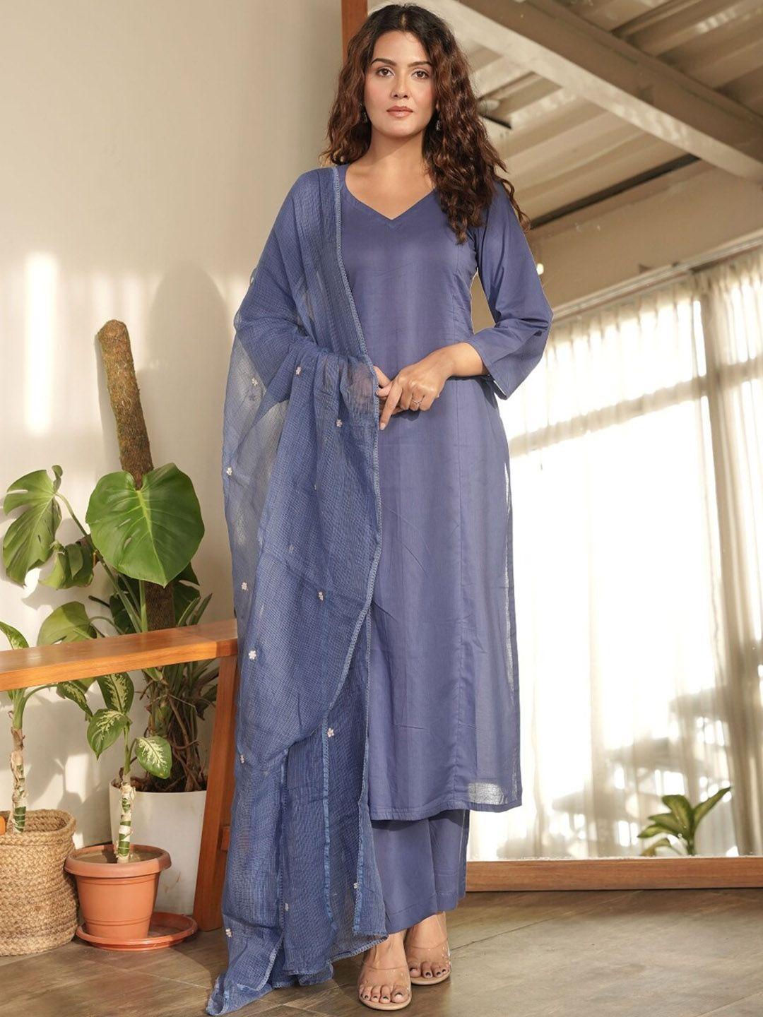 onewe women dyed regular thread work pure cotton kurta with trousers & with dupatta