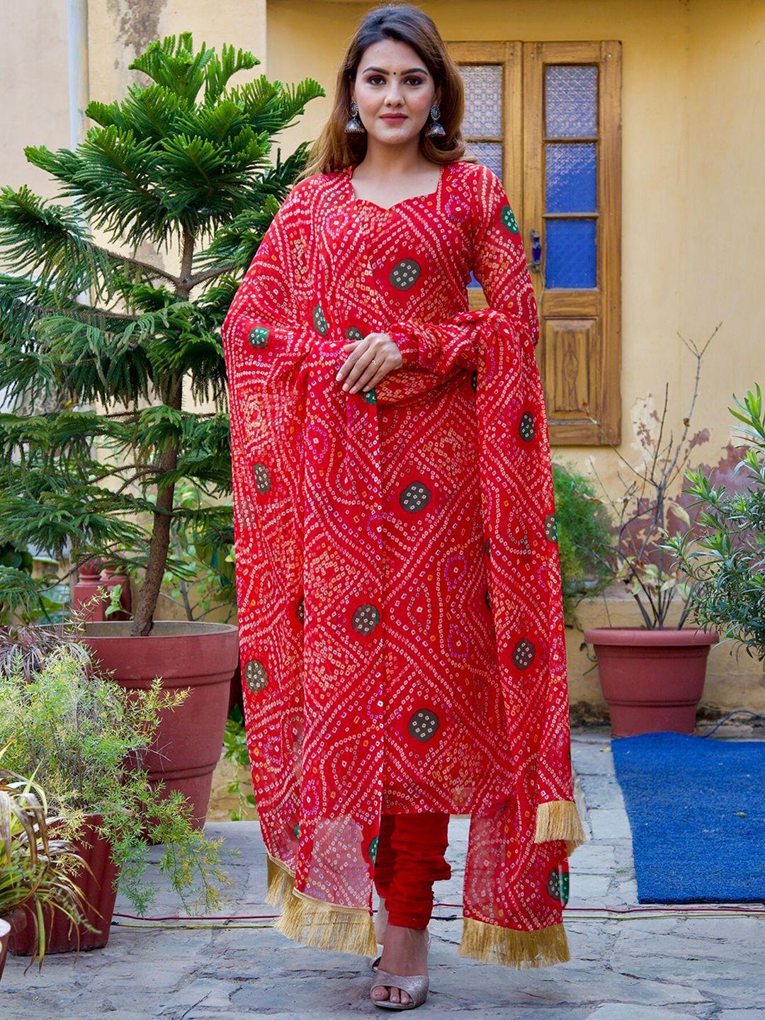 onewe bandhani printed kurta with churidar & with dupatta