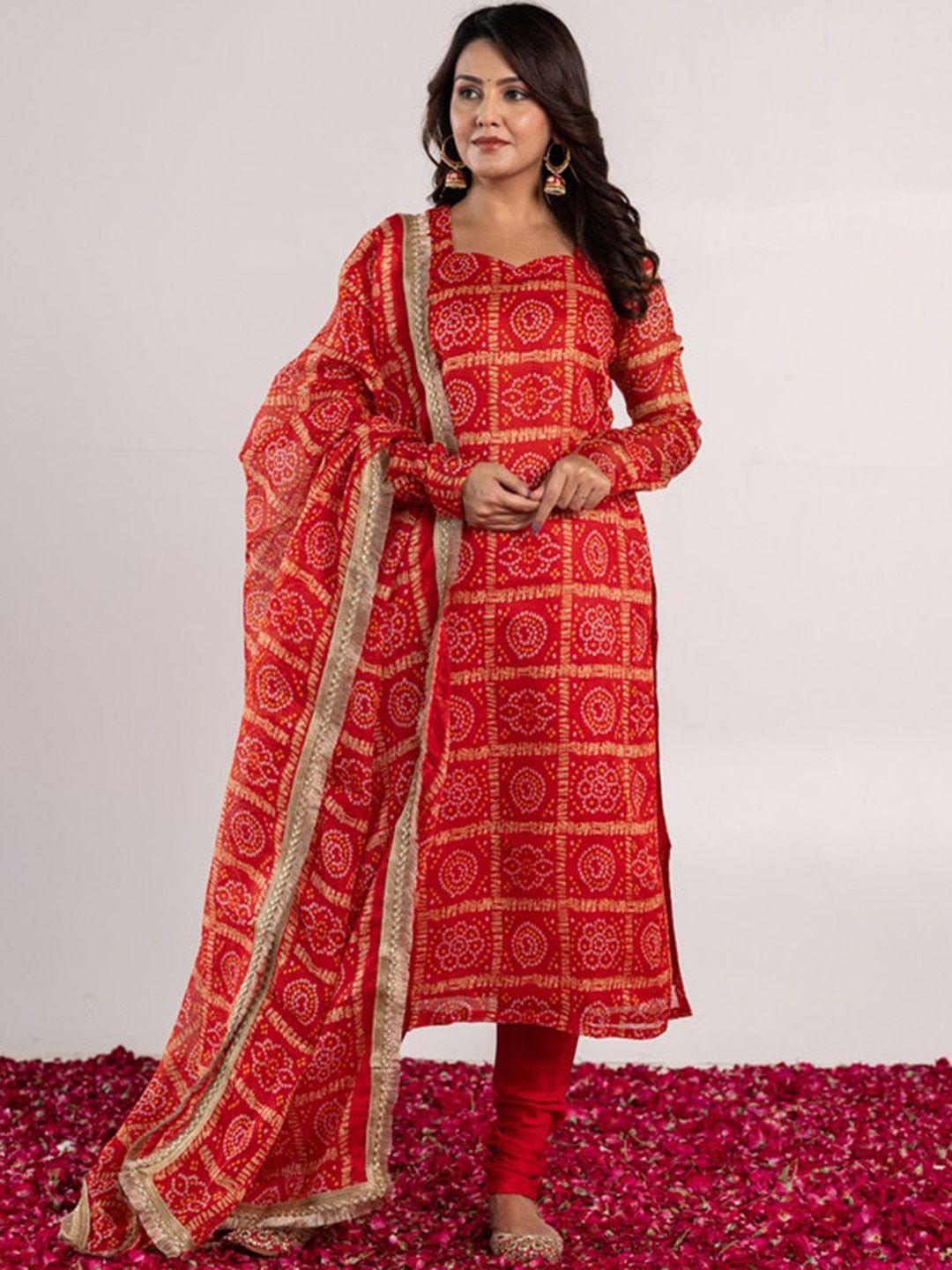 onewe bandhani printed regular kurta with churidar & dupatta