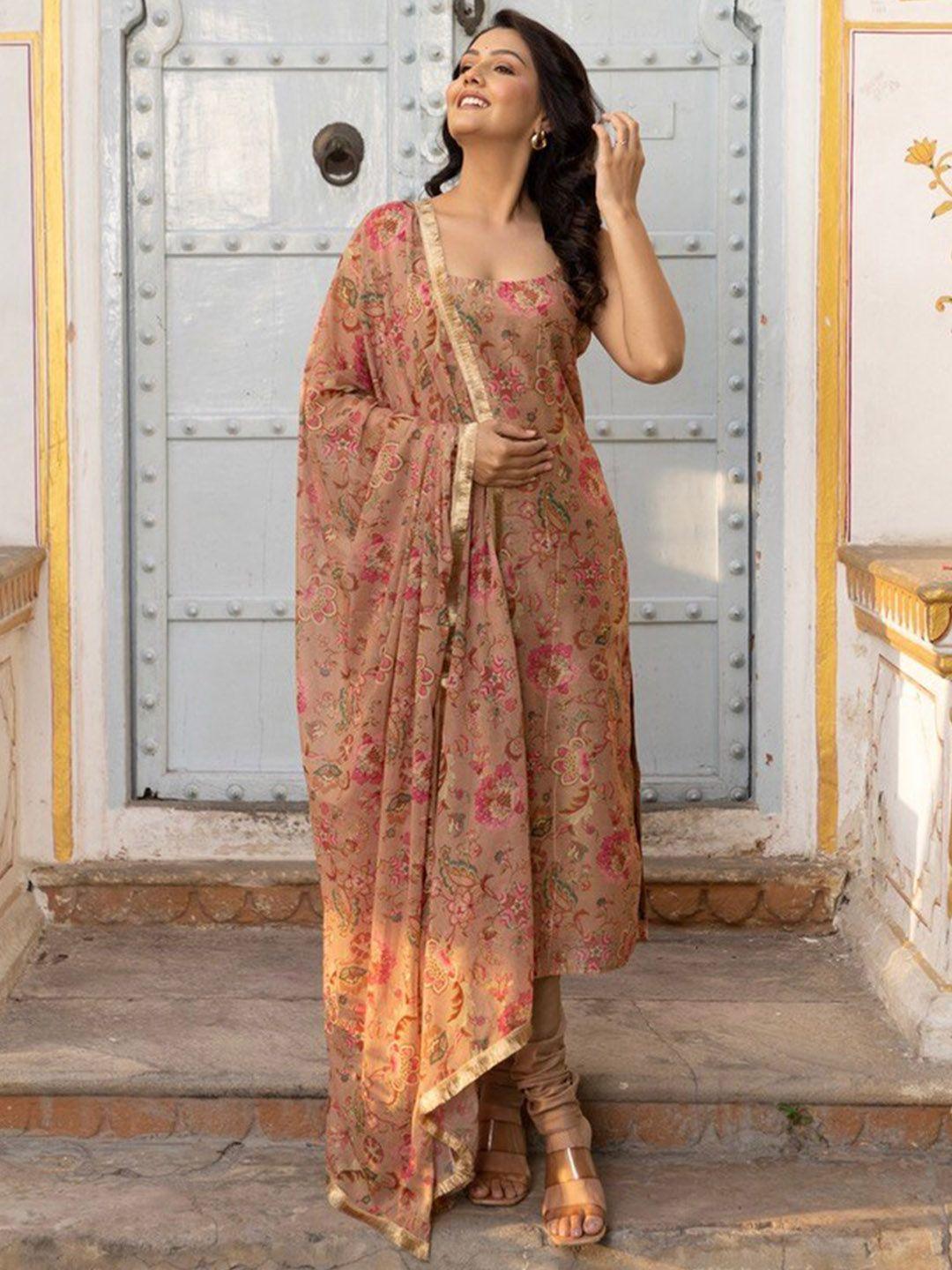 onewe brown floral printed chanderi silk kurta with churidar & dupatta