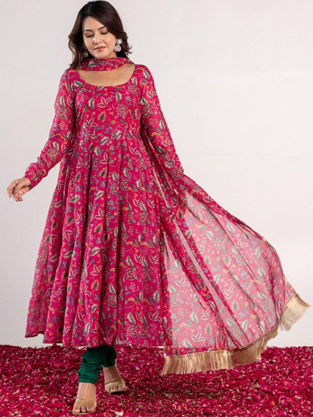 onewe ethnic motif printed regular anarkali kurta & churidar with dupatta