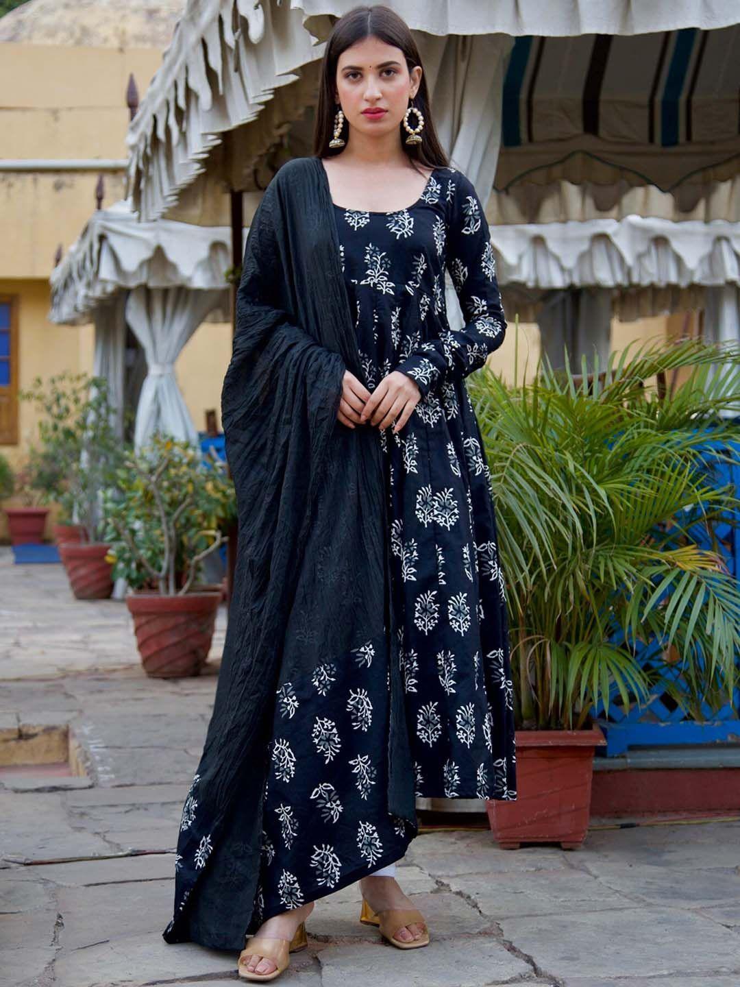 onewe ethnic motifs printed empire pure cotton kurta with churidar & with dupatta