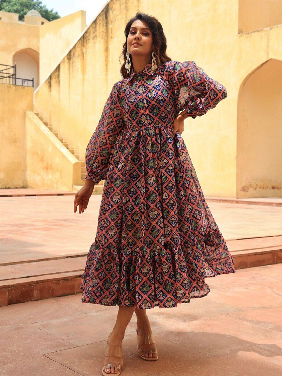 onewe ethnic motifs printed puff sleeve midi dress