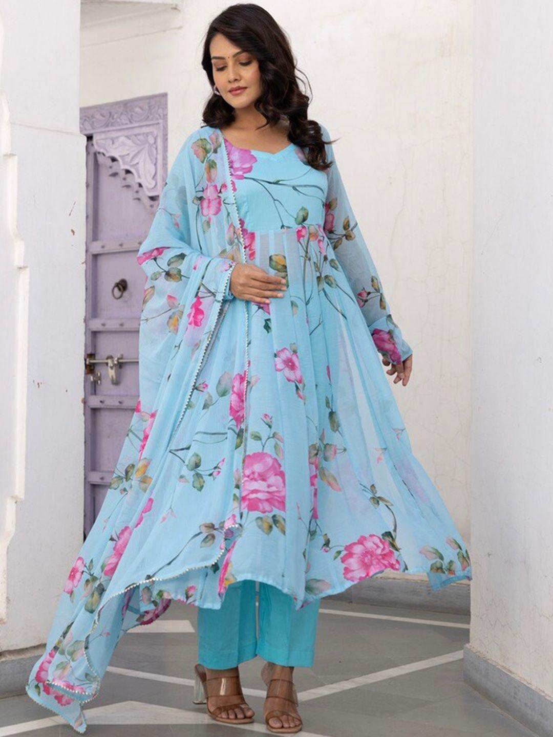 onewe floral printed a-line kurta with palazzos & dupatta