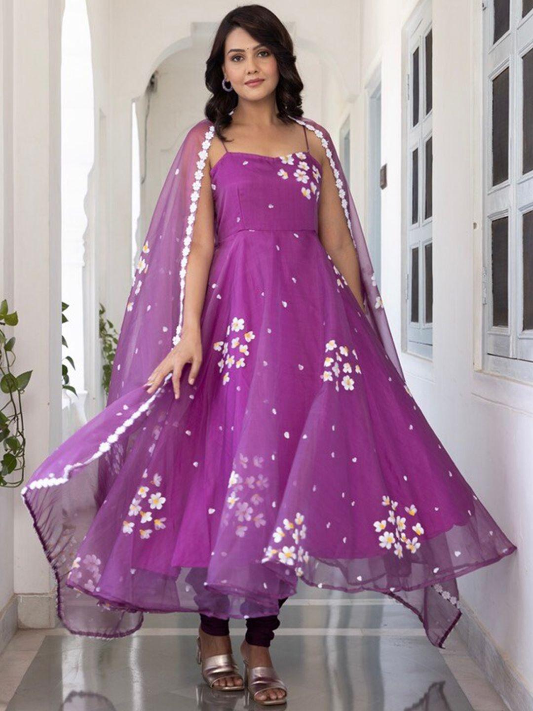 onewe floral printed anarkali kurta with churidar & dupatta