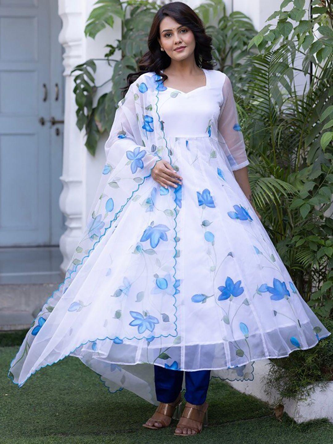 onewe floral printed anarkali kurta with trousers & dupatta