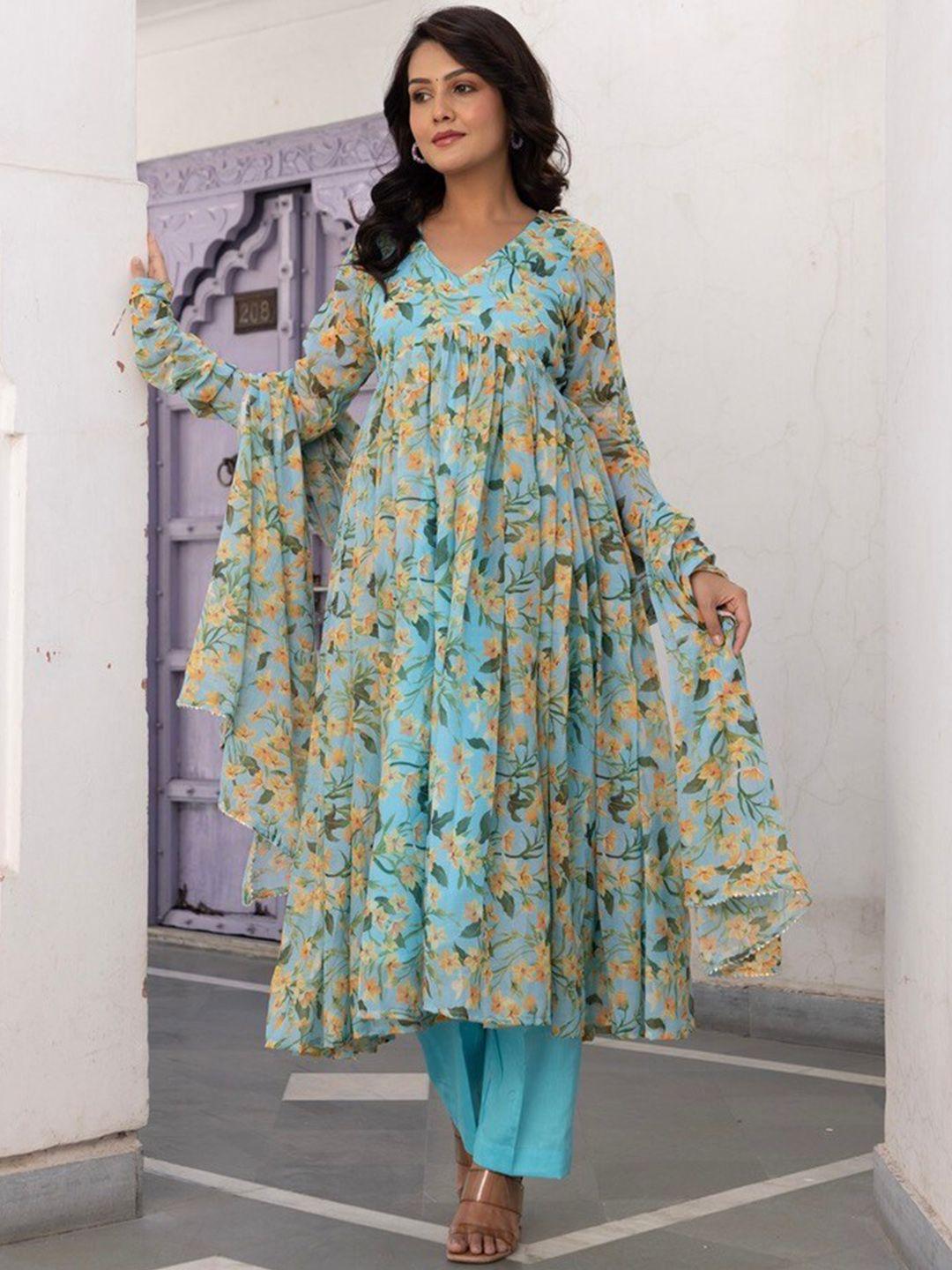 onewe floral printed anarkali silk chiffon kurta with trousers & dupatta