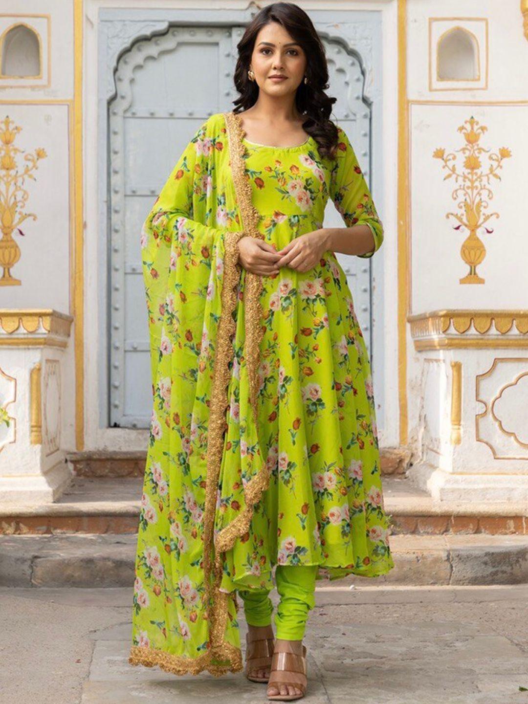 onewe floral printed gotta patti anarkali silk chiffon kurta with churidar & dupatta