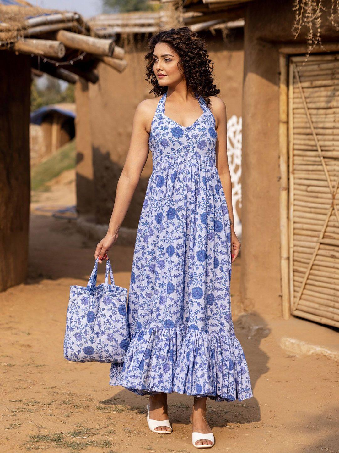 onewe floral printed halter neck pure cotton a-line maxi dress