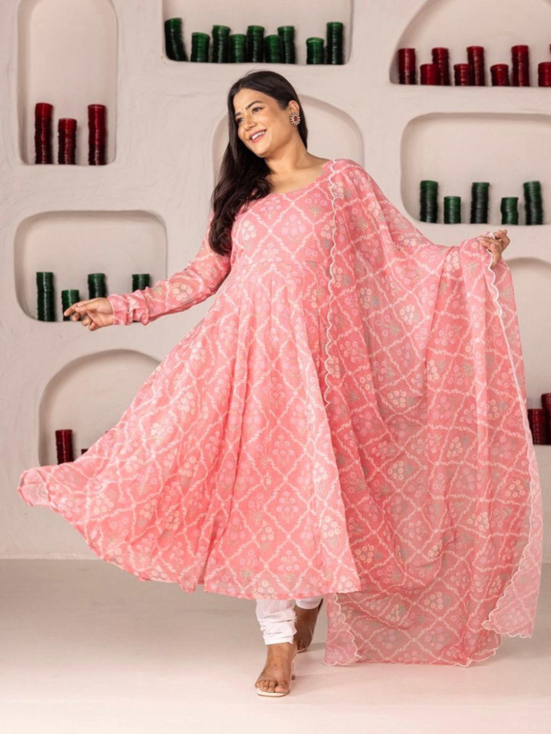 onewe floral printed linen anarkali kurta with churidar & with dupatta