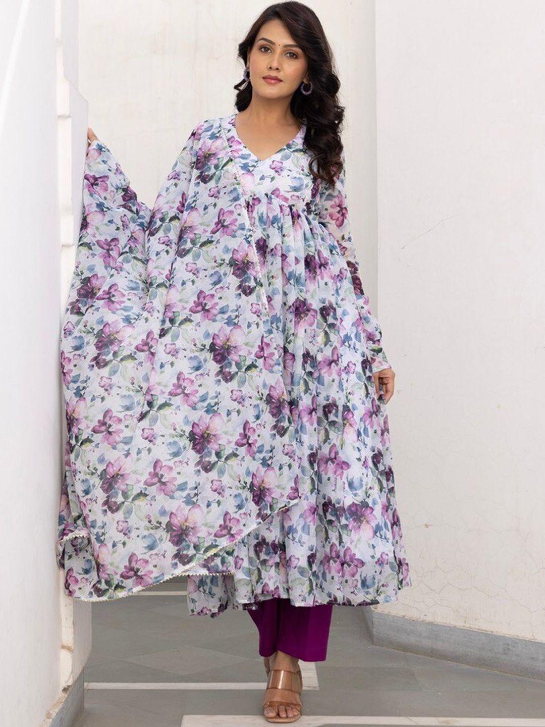 onewe floral printed pleated a-line silk chiffon kurta with trousers & dupatta