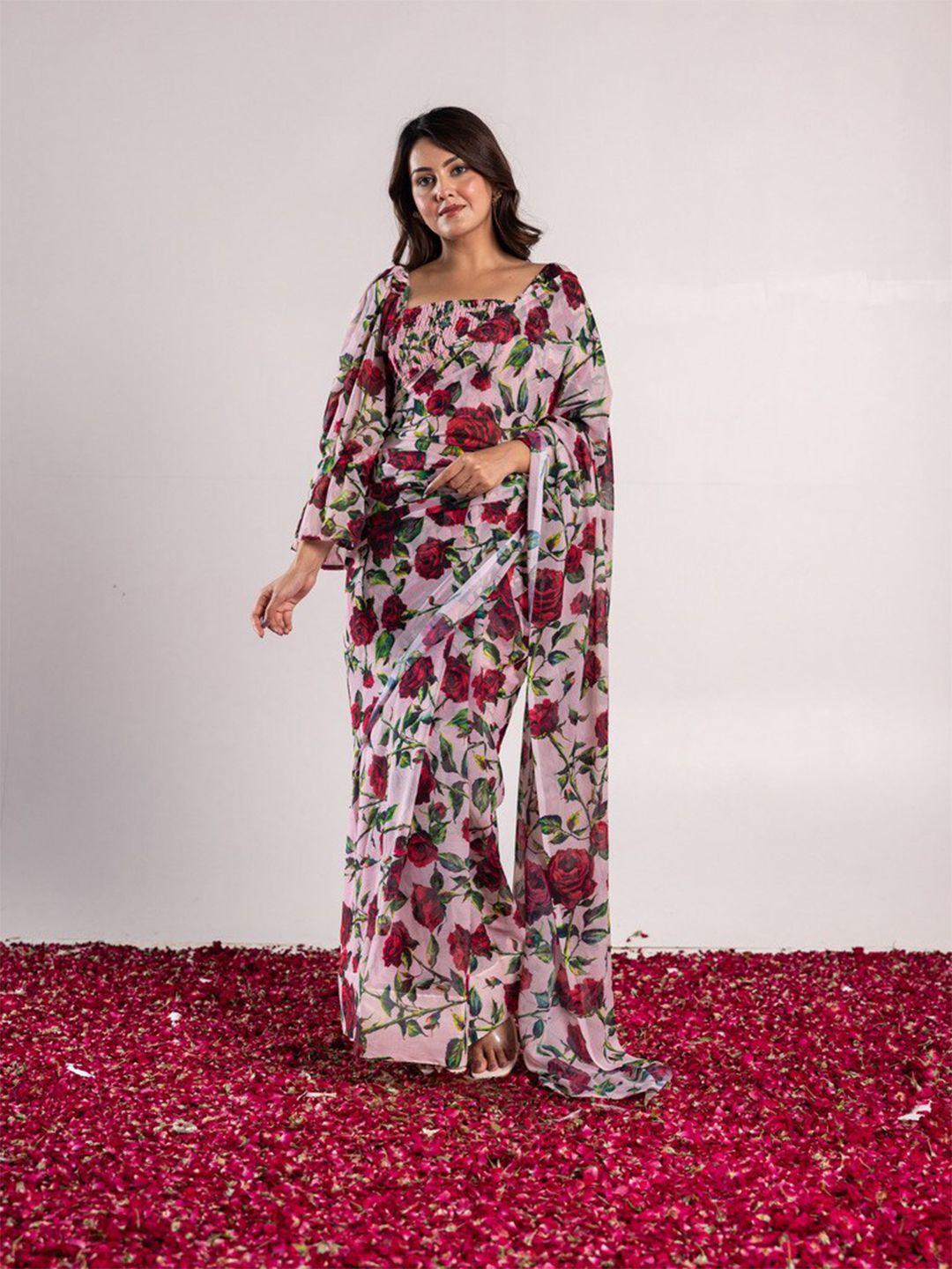 onewe floral printed pure chiffon saree