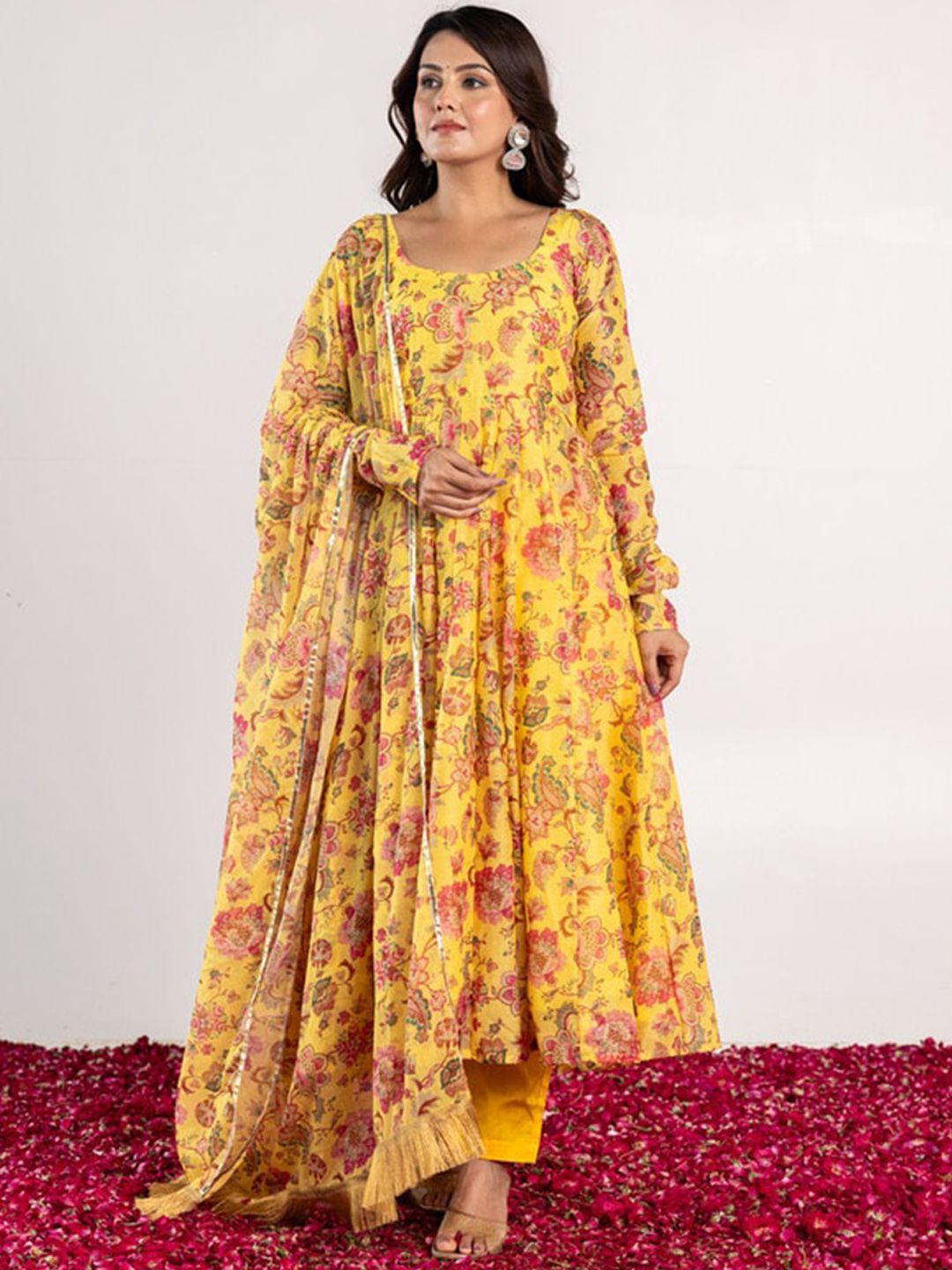 onewe floral printed regular chanderi silk kurta with trousers & dupatta