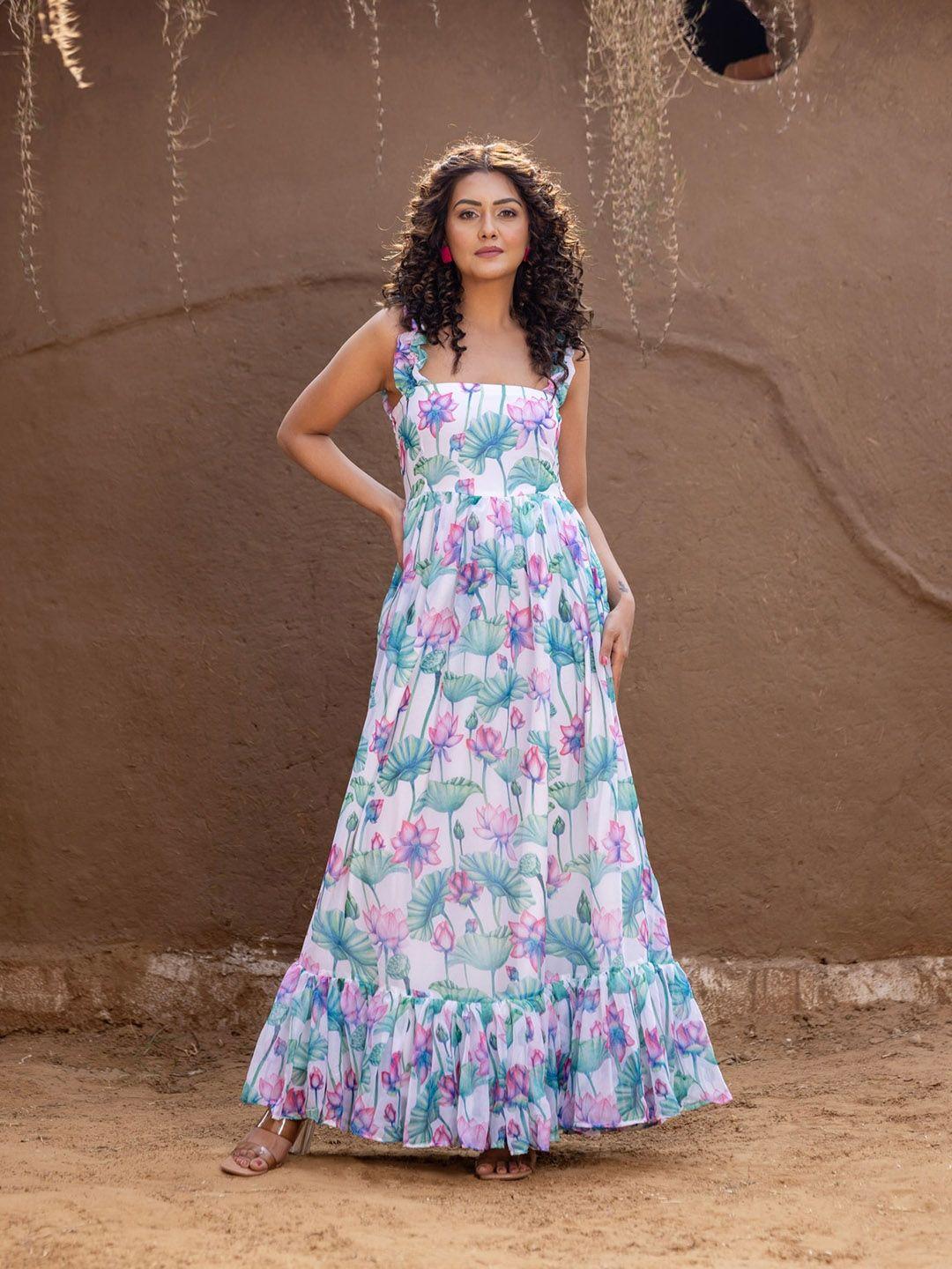 onewe floral printed shoulder strap fit & flare maxi dress