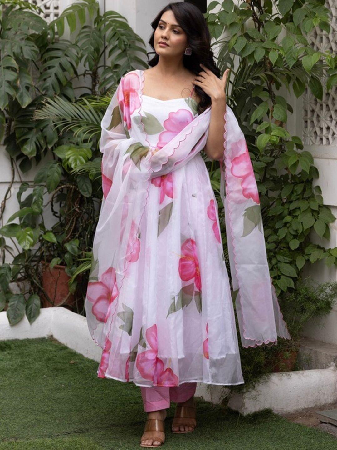 onewe floral printed shoulder straps kurta with trousers & dupatta
