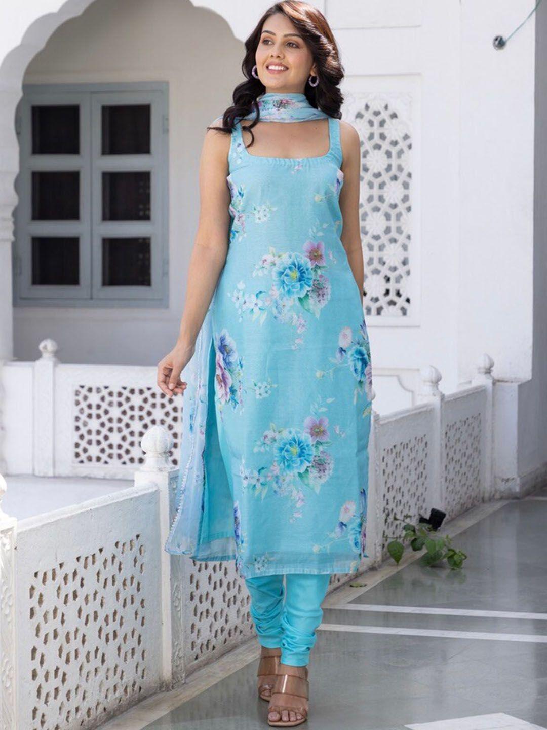 onewe floral printed square neck kurta with churidar & dupatta