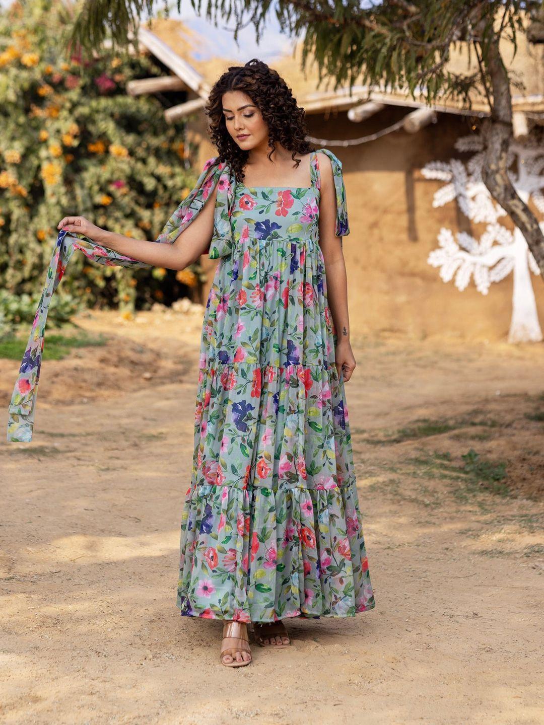 onewe floral printed tie-up shoulder strap chiffon tiered fit & flare maxi dress