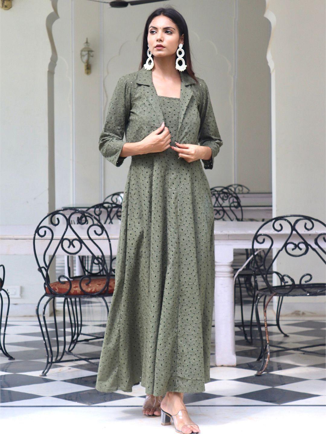 onewe olive green embroidered fit & flare maxi dress