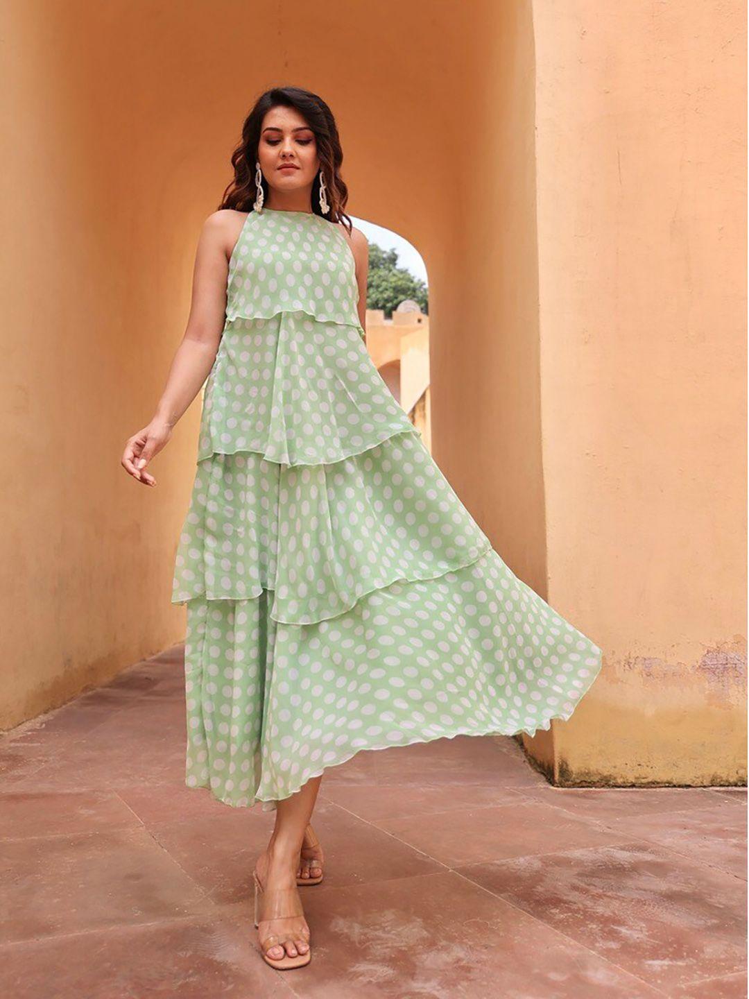 onewe polka dot printed layered a-line midi dress