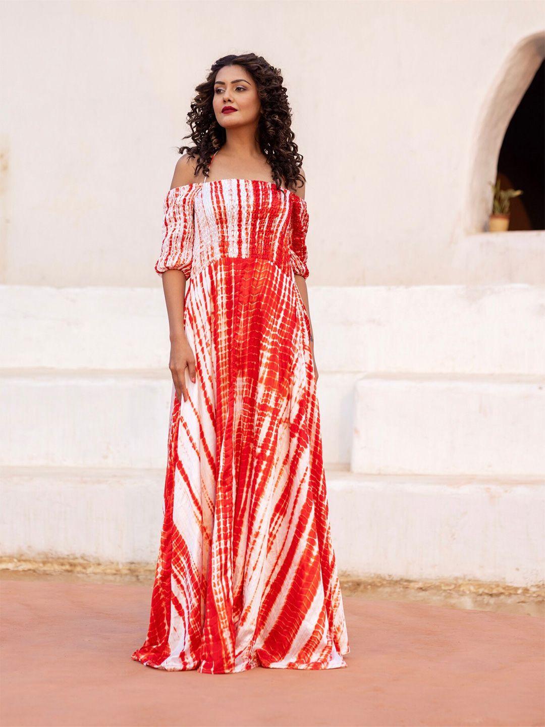 onewe tie and dye cold-shoulder satin fit & flare maxi dress