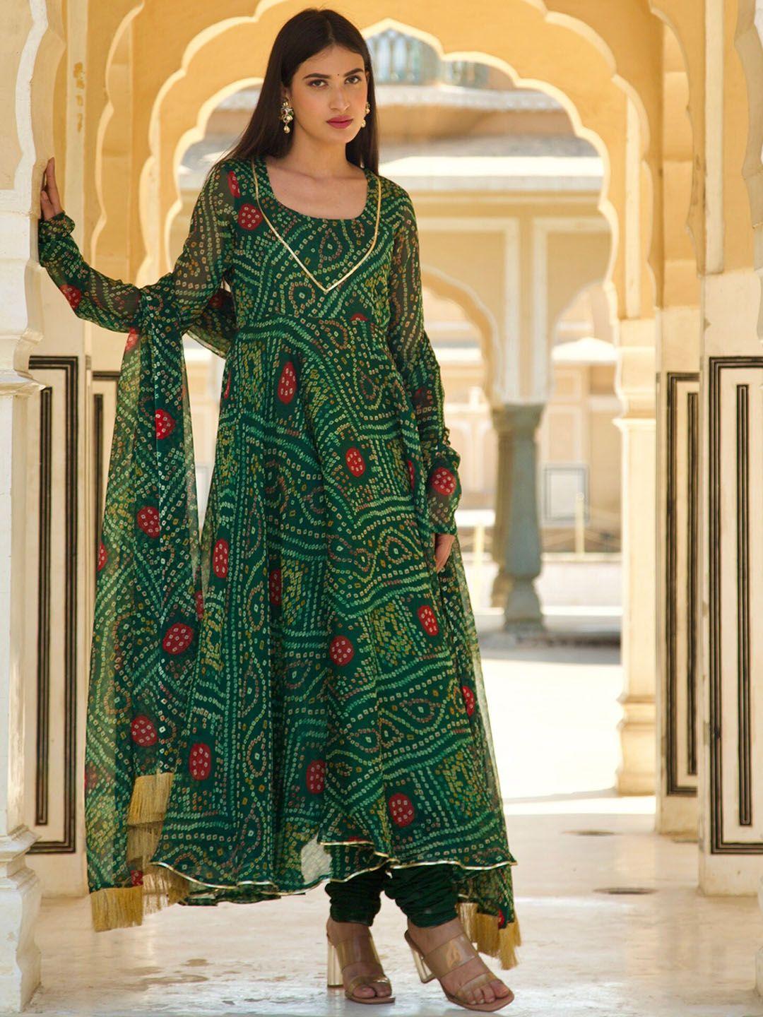 onewe women bandhani printed empire kurta with churidar & dupatta