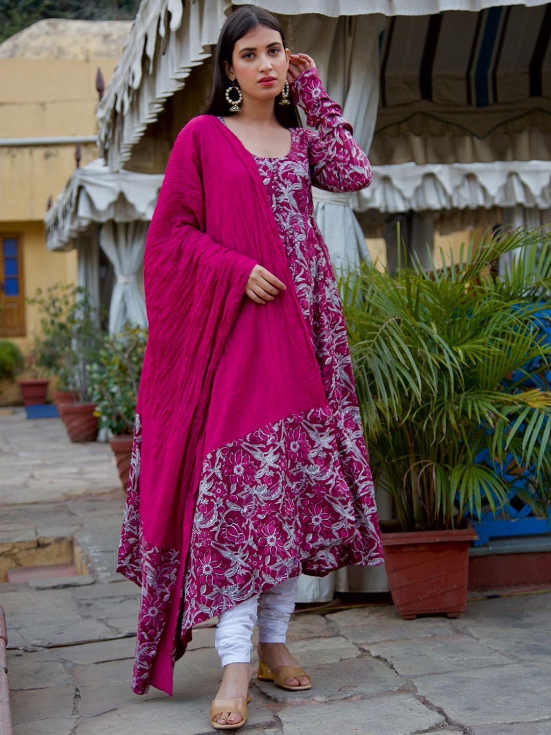 onewe women floral printed empire pure cotton kurta with churidar & dupatta