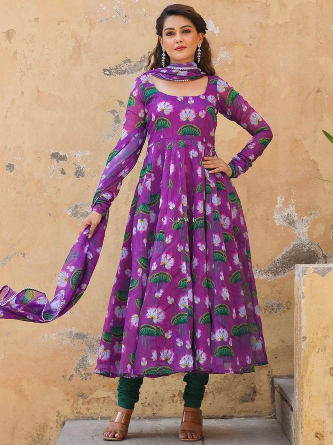 onewe women floral printed pleated chanderi silk kurta with churidar & dupatta