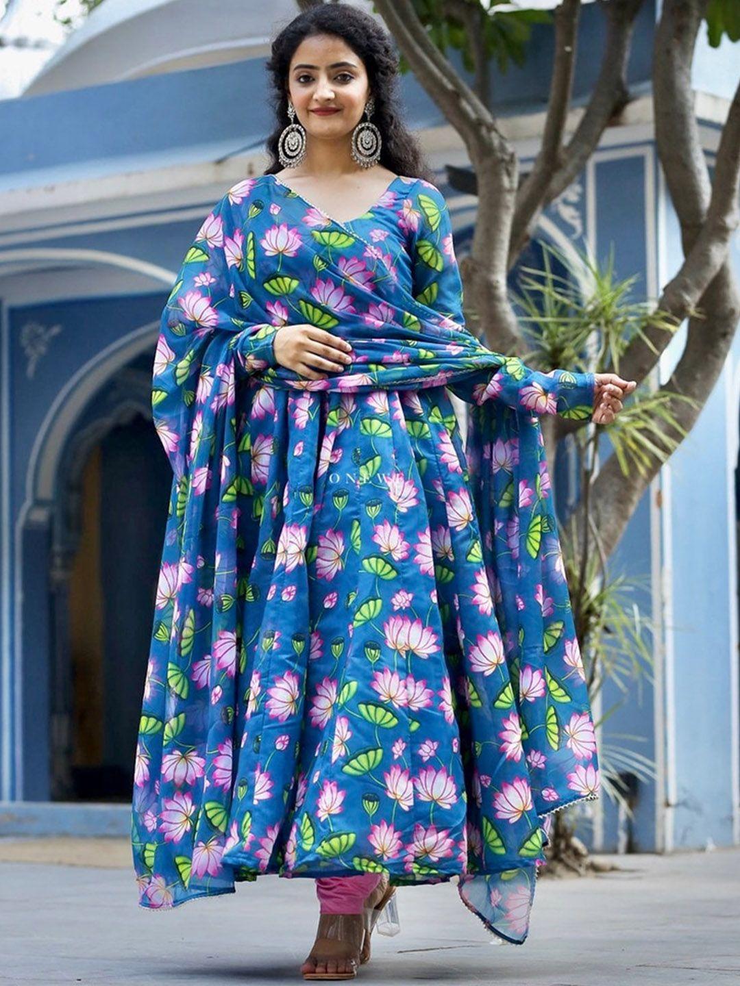 onewe women floral printed pleated chanderi silk kurta with churidar & dupatta