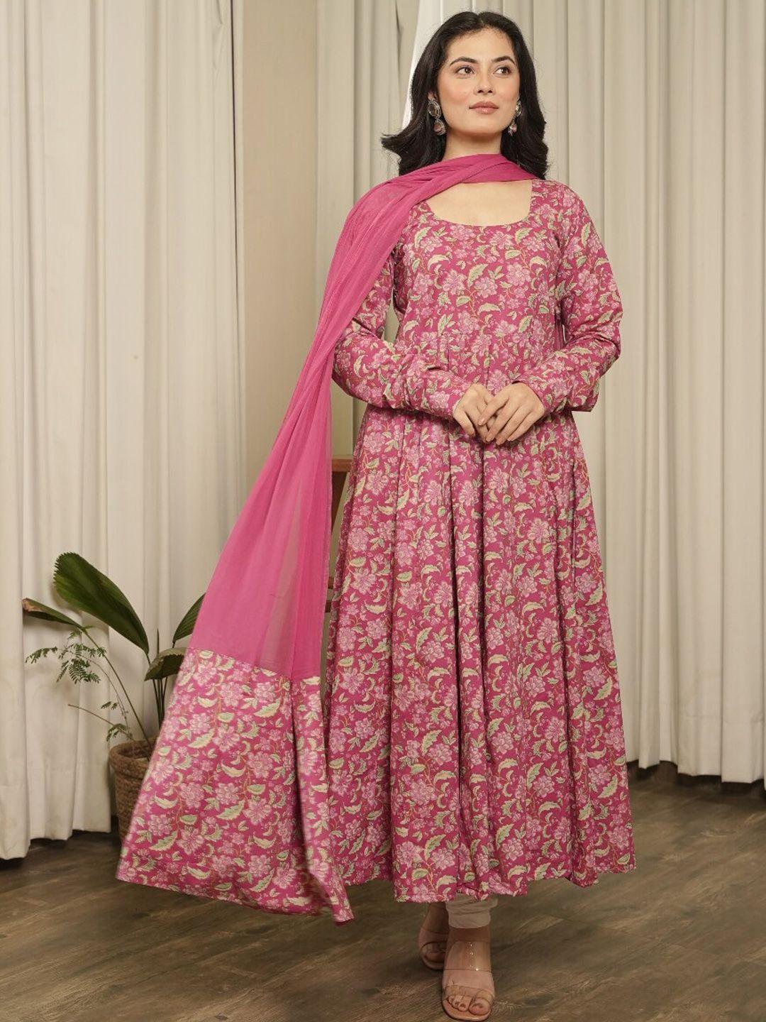 onewe women floral printed regular patchwork pure cotton kurta with churidar & with dupatta