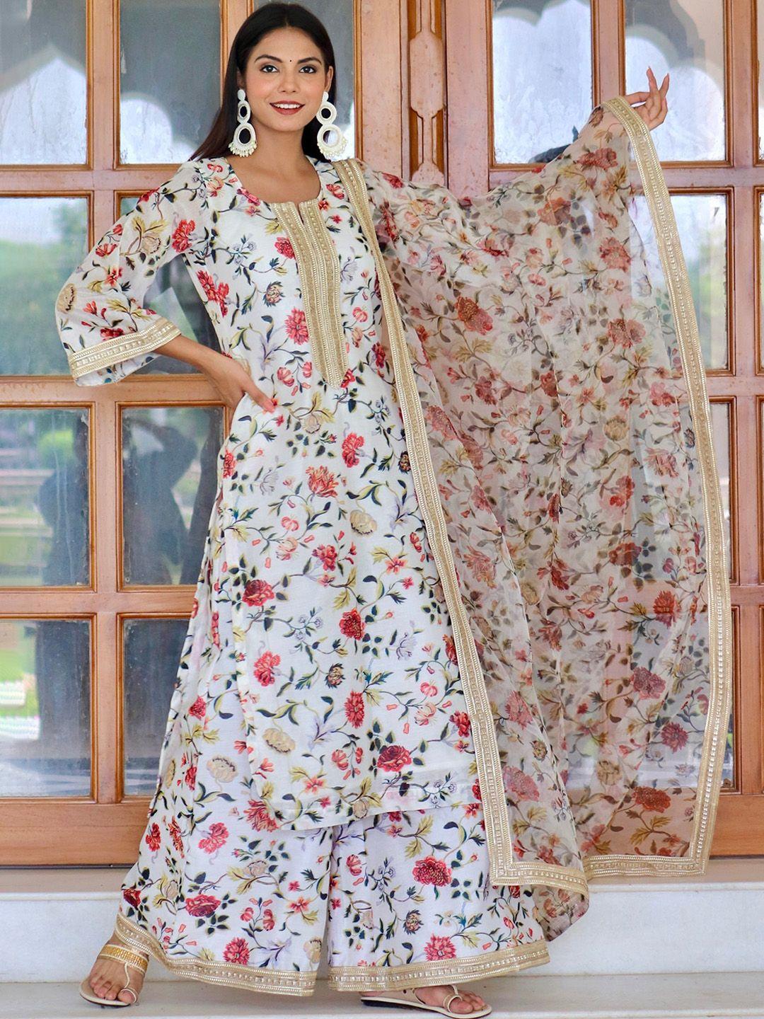 onewe women floral printed sequinned chanderi cotton kurta with palazzos & dupatta