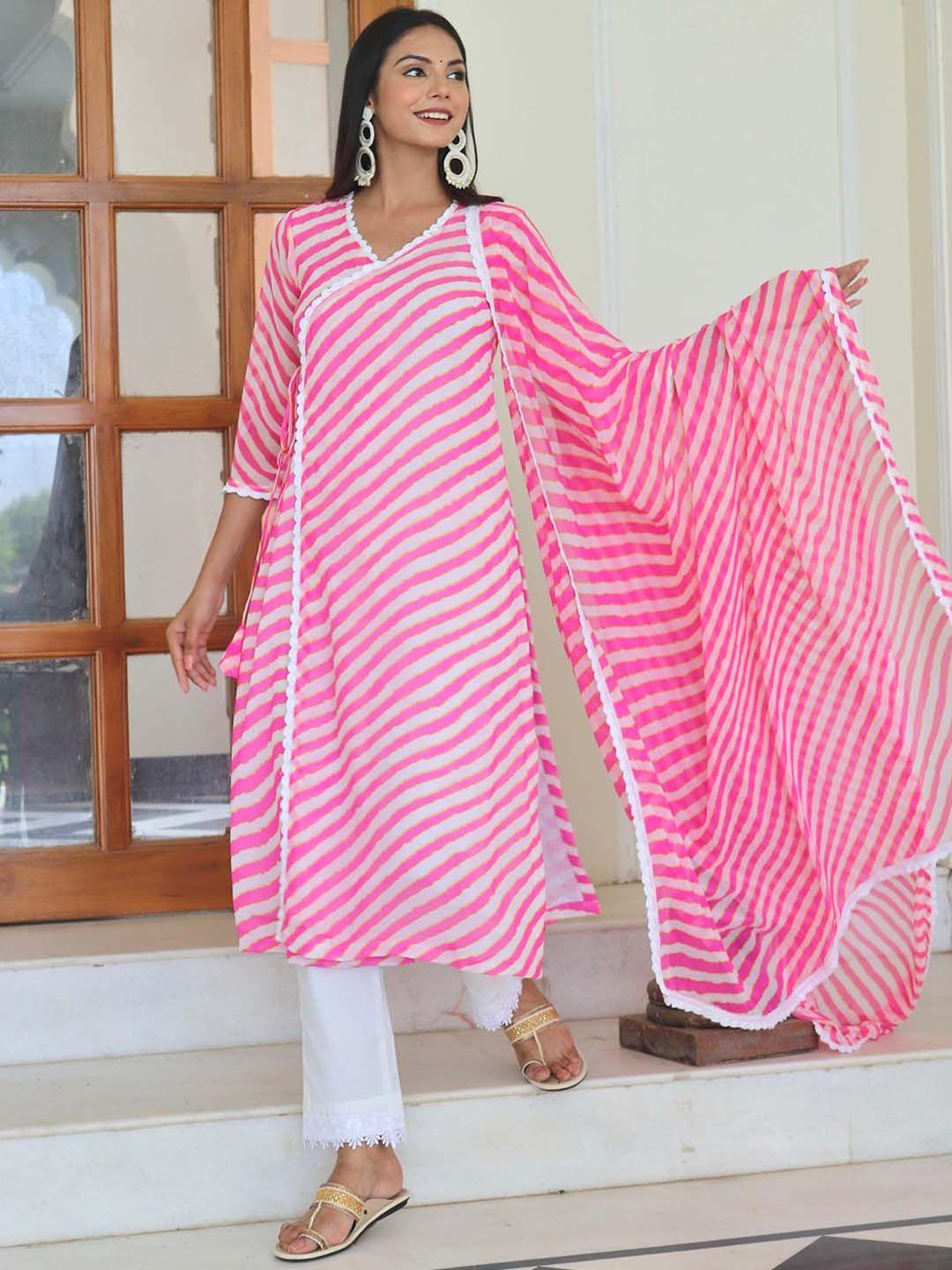 onewe women leheriya printed angrakha kurta with trousers & dupatta