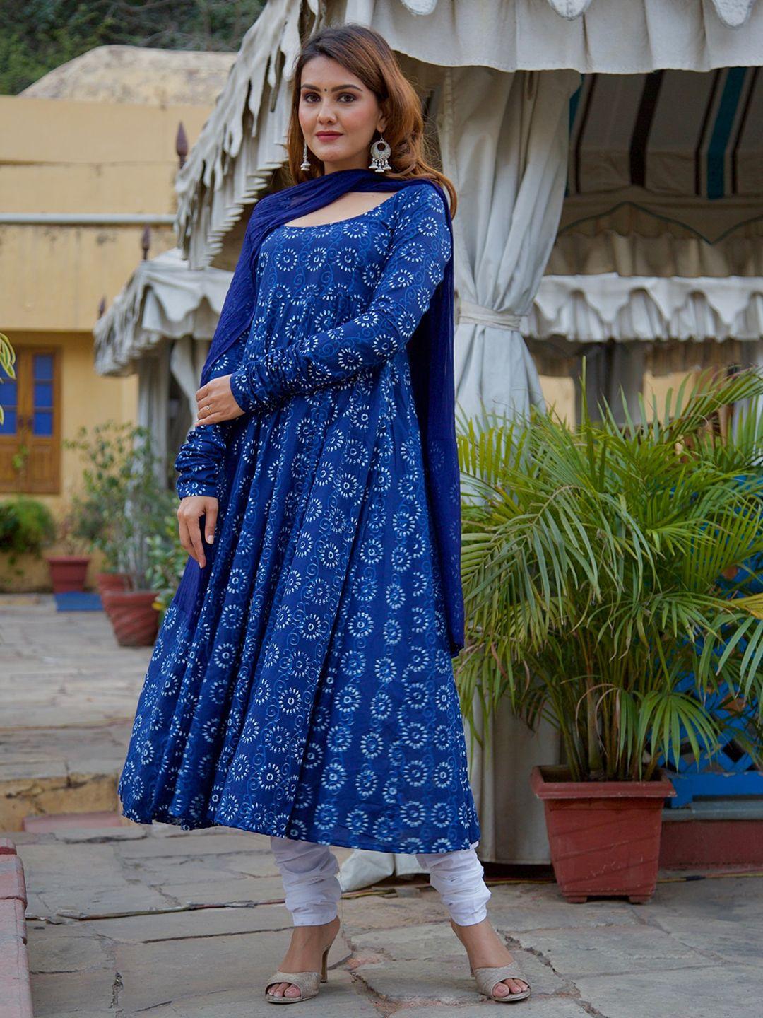 onewe women navy blue floral printed pleated pure cotton kurta with churidar & dupatta