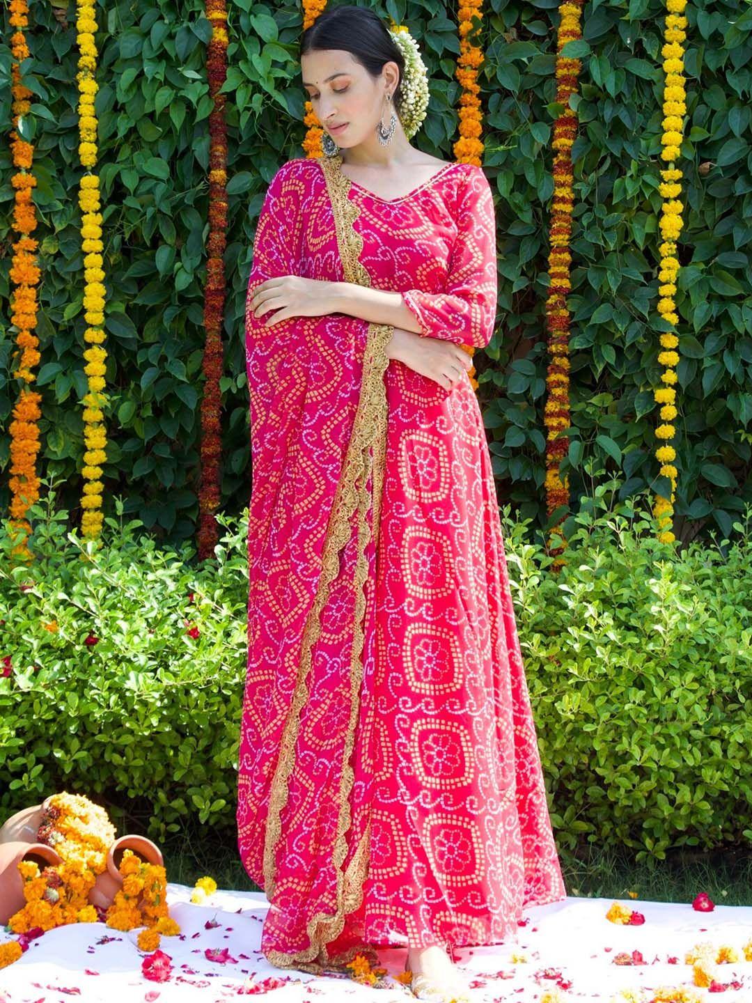 onewe women pink bandhani printed kurta with trousers & dupatta
