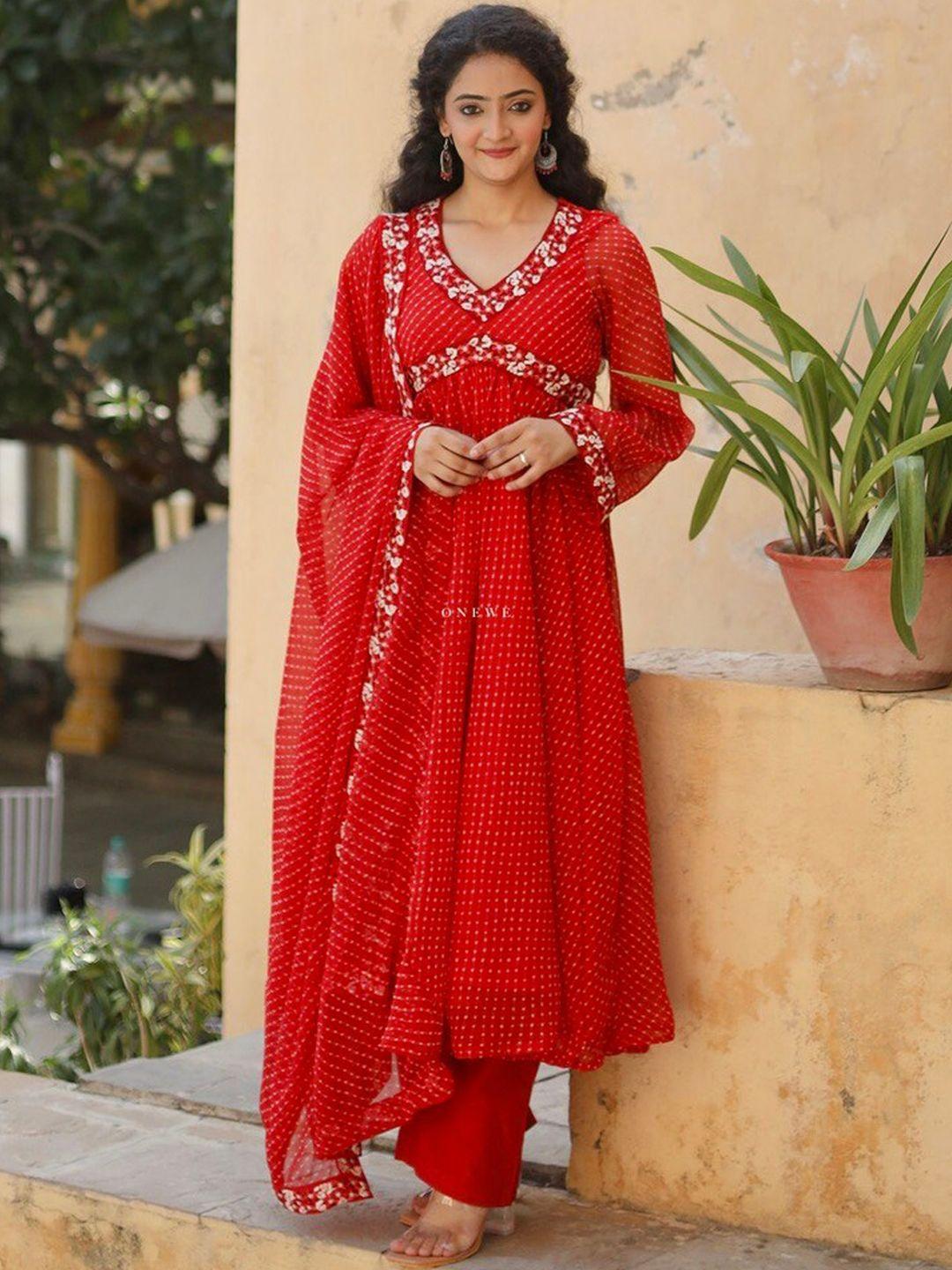onewe women red floral embroidered pleated thread work silk georgette kurta with trousers & with dupatta