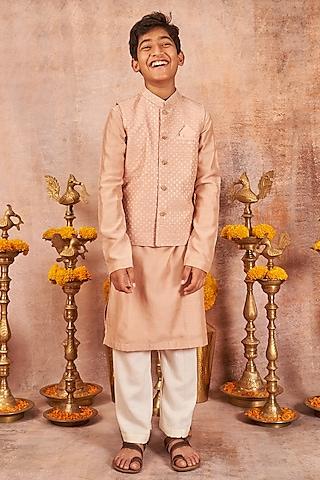 onion pink embroidered bundi jacket with kurta set for boys