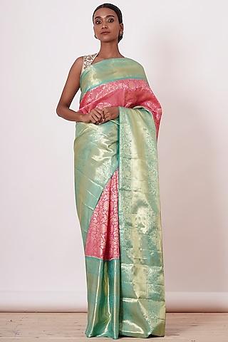 onion pink handwoven saree set with embroidery