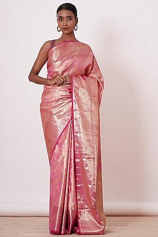 onion pink handwoven saree set with zari embroidery