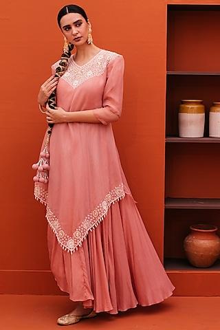 onion pink organza thread embroidered cape gown